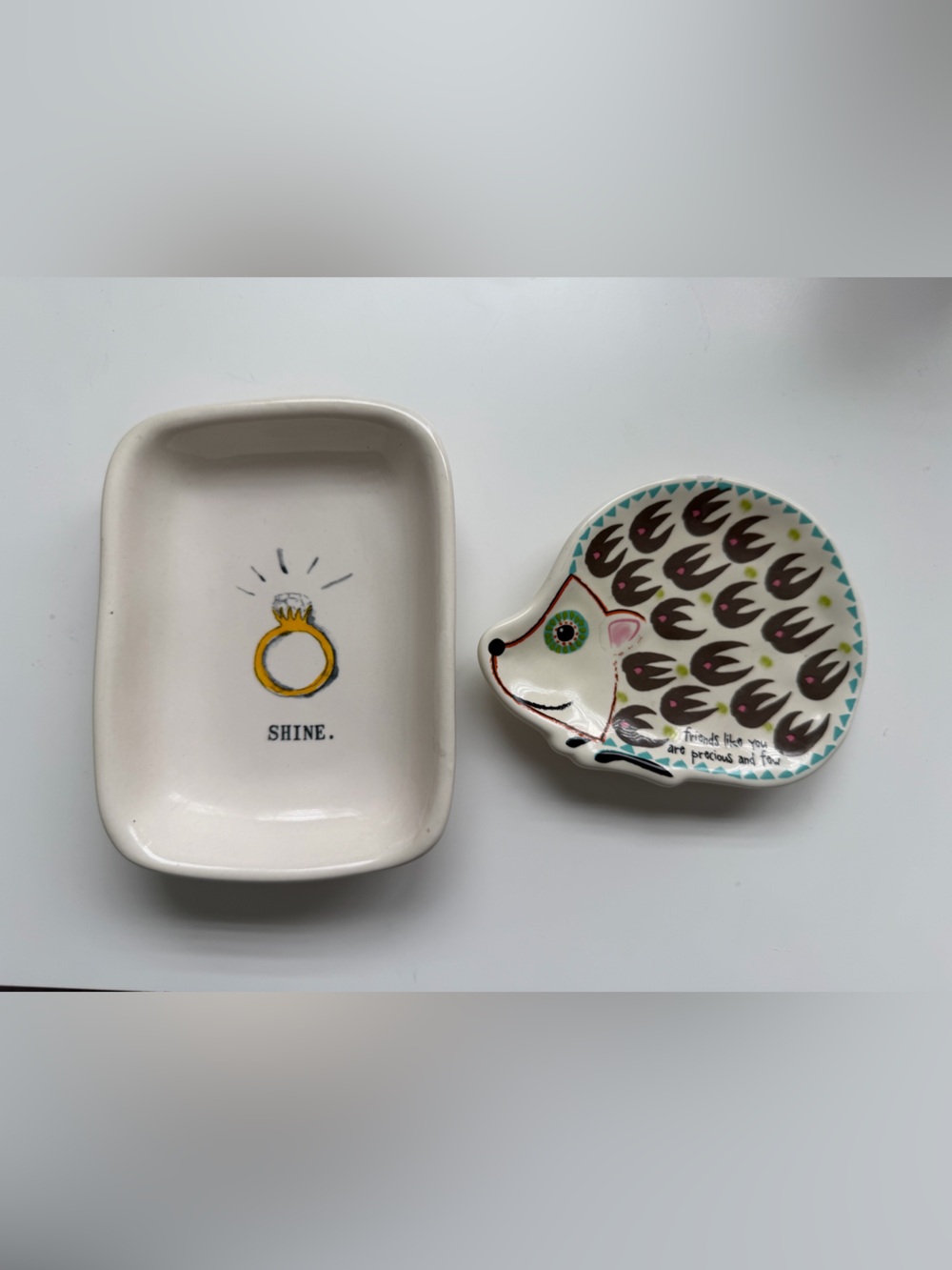 Set of 2 Ceramic Trinket Trays: Rae Dunn "SHINE." Ring Dish & Natural Life Hedge